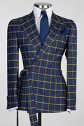 Navy Plaid Notched Lapel Men Suits With Belt