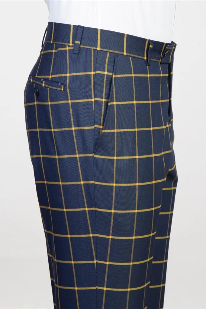 Navy Plaid Notched Lapel Men Suits With Belt