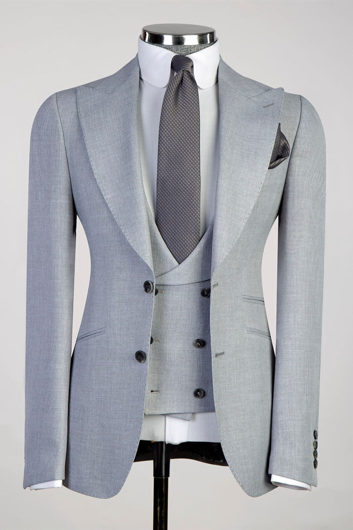 Stylish Gray Peaked Lapel Three Pieces Suits For Men Main image