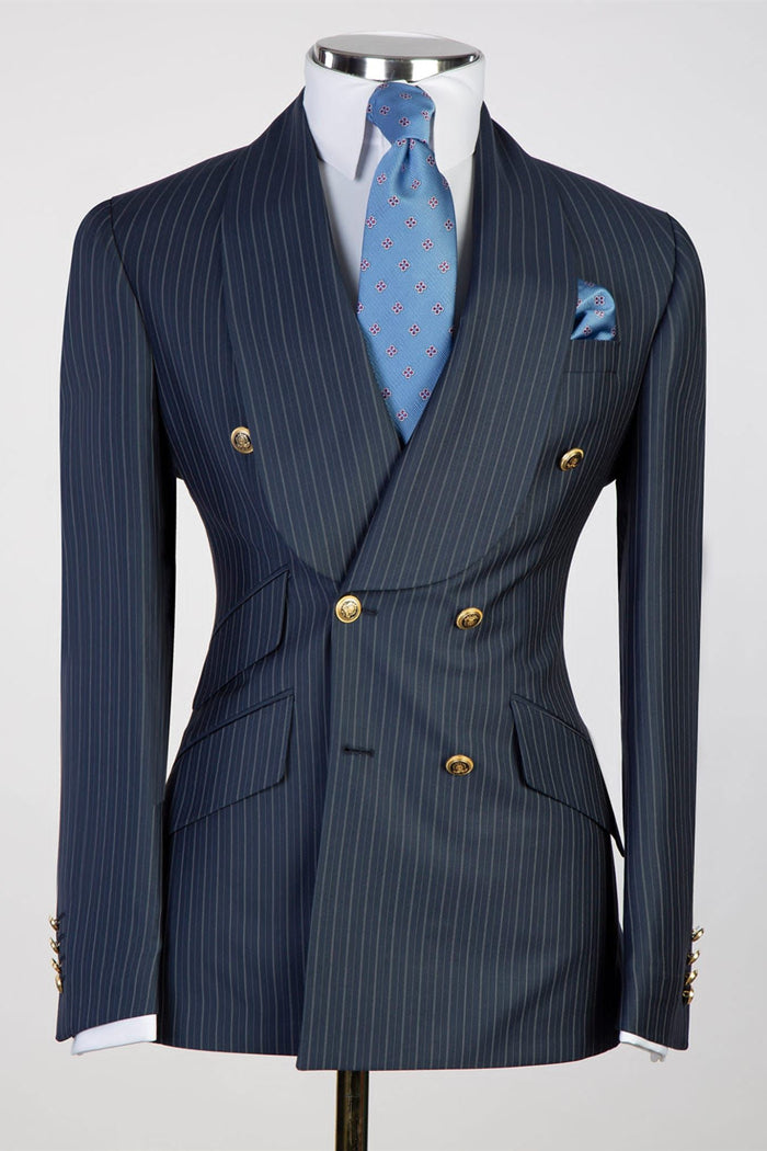 Best Fitted Navy Striped Shawl Lapel Double Breasted Men Suits