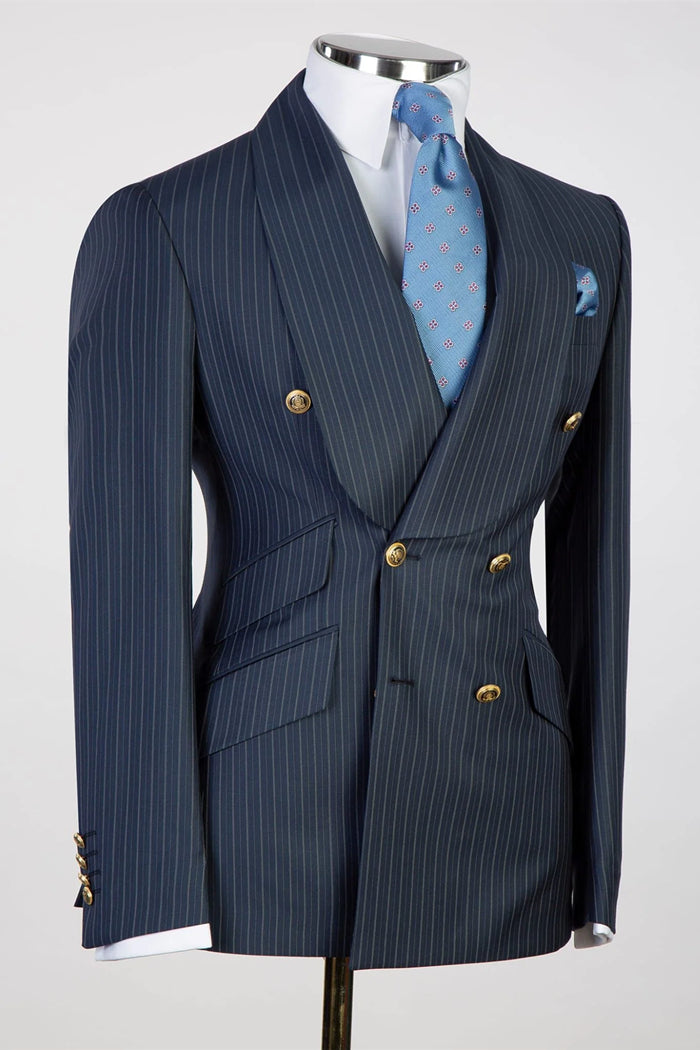 Best Fitted Navy Striped Shawl Lapel Double Breasted Men Suits