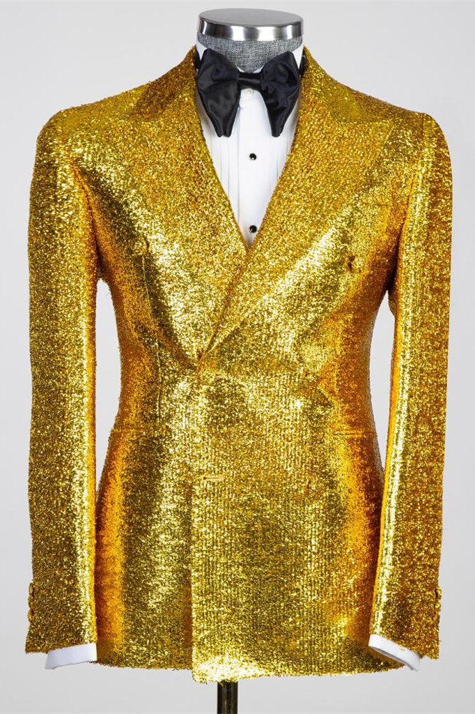 Gold Sequins Peaked Lapel Double Breasted Suits For Men