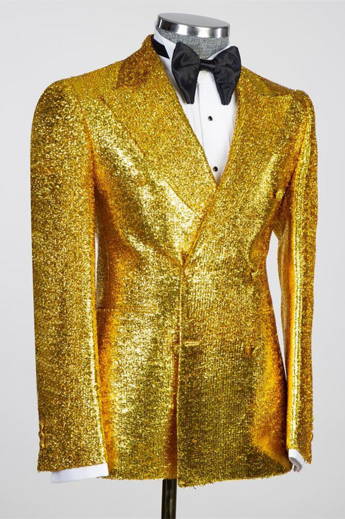 Gold Sequins Peaked Lapel Double Breasted Suits For Men