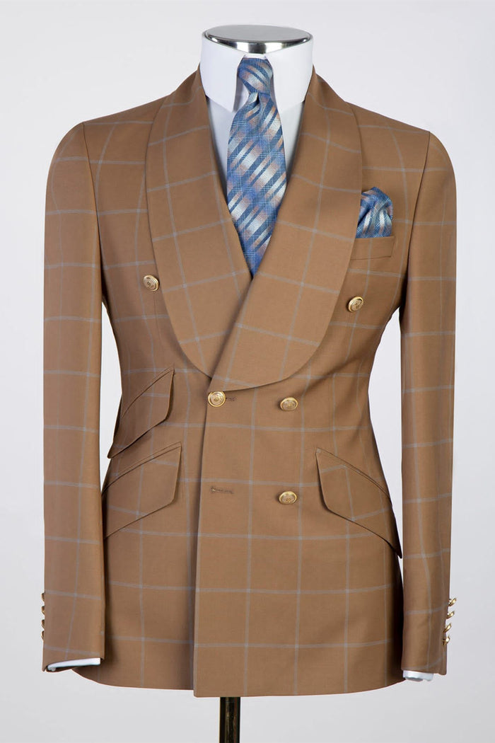 Trendy Brown Plaid Shawl Lapel Double Breasted Suits For Men
