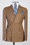 Trendy Brown Plaid Shawl Lapel Double Breasted Suits For Men