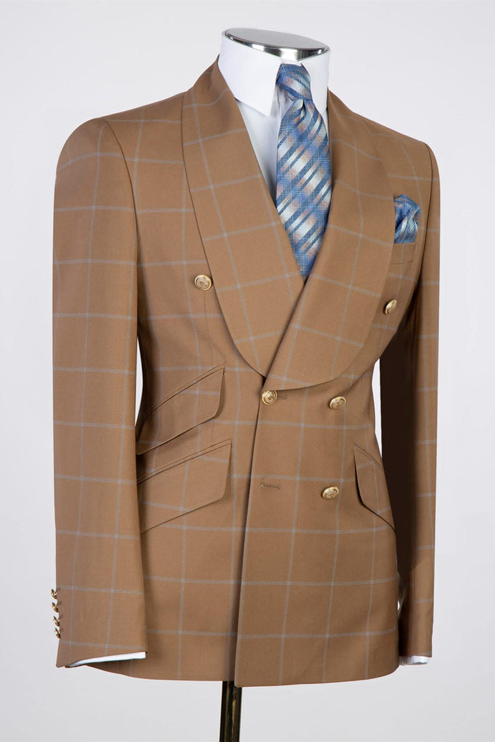 Trendy Brown Plaid Shawl Lapel Double Breasted Suits For Men