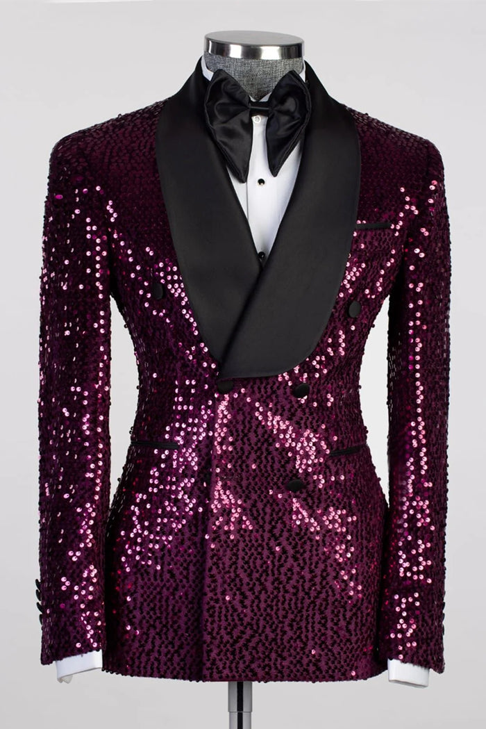 Grape Sequins Shawl Lapel Double Breasted Suits For Men
