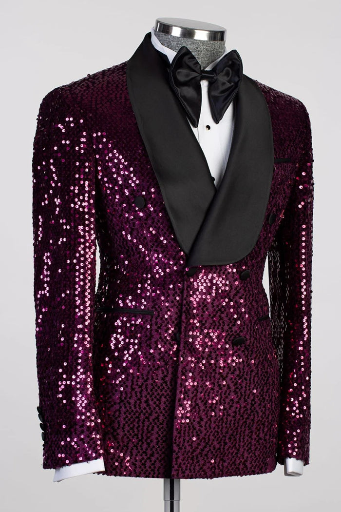 Grape Sequins Shawl Lapel Double Breasted Suits For Men