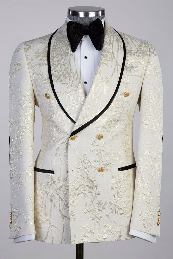 Off White Jacquard Shawl Lapel Double Breasted Men Suits Main image