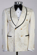 Off White Jacquard Shawl Lapel Double Breasted Men Suits