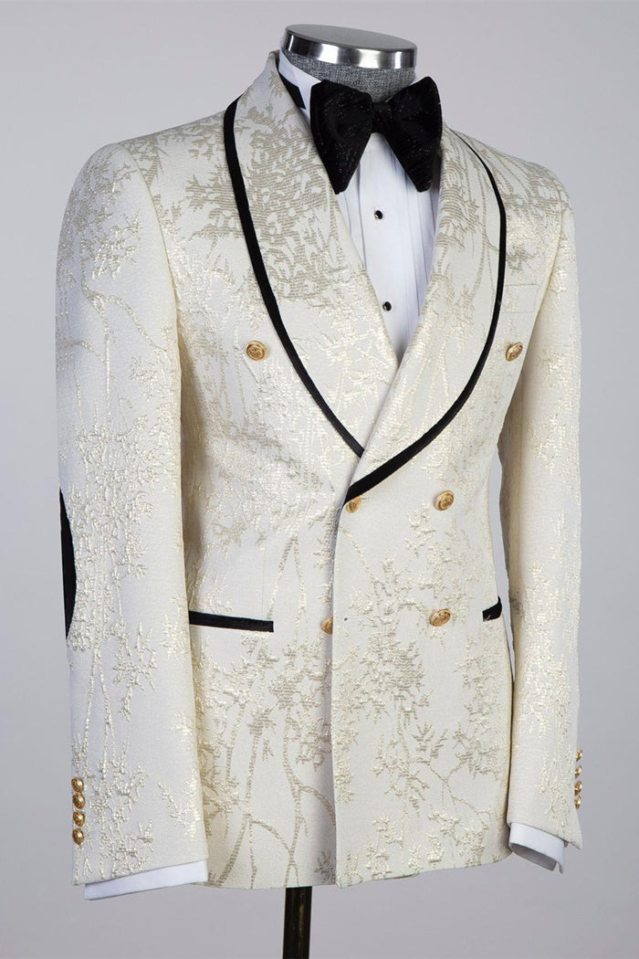 Off White Jacquard Shawl Lapel Double Breasted Men Suits Secondary image