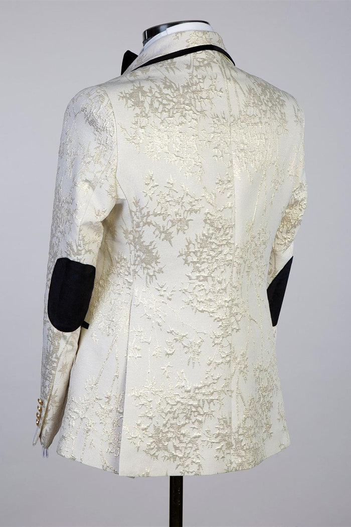 Off White Jacquard Shawl Lapel Double Breasted Men Suits