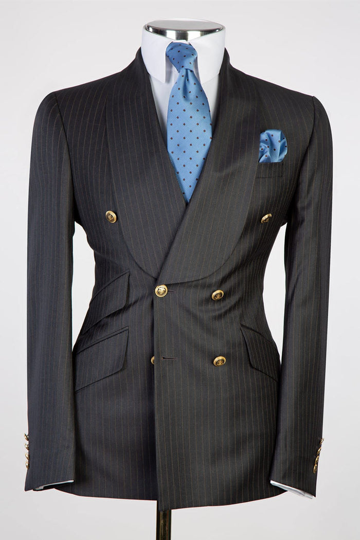 Black Pinstriped Shawl Lapel Double Breasted Men Suits Main image