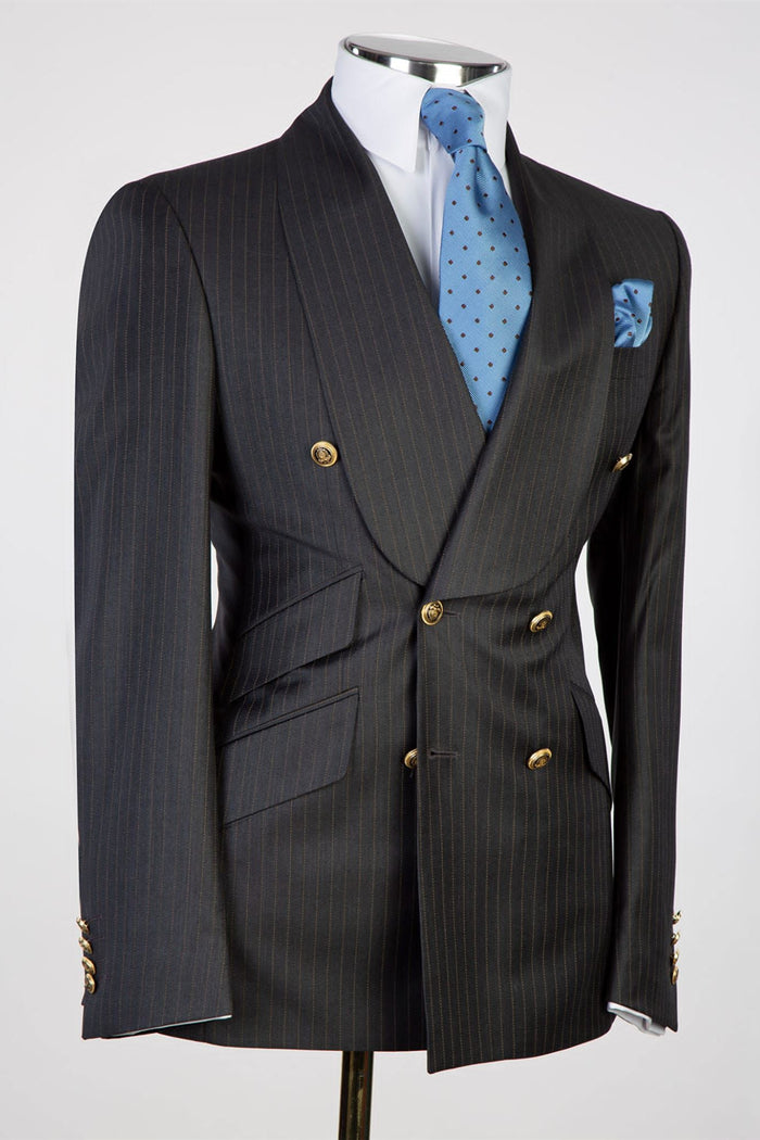 Black Pinstriped Shawl Lapel Double Breasted Men Suits Secondary image