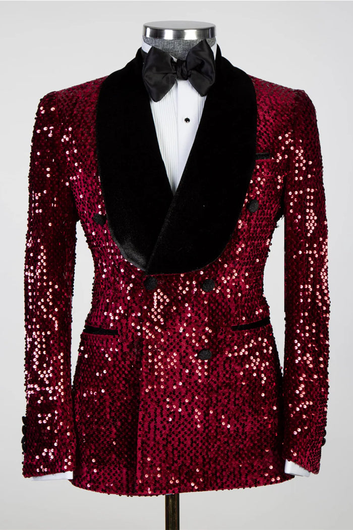 Burgundy Sequins Shawl Lapel Double Breasted Suits For Men Main image