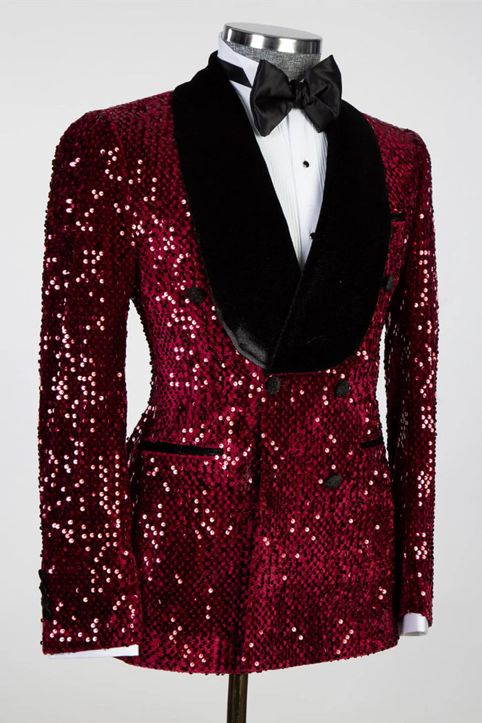 Burgundy Sequins Shawl Lapel Double Breasted Suits For Men Secondary image