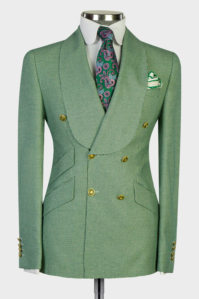 Fashion Green Plaid Shawl Lapel Double Breasted Suits For Men Main image