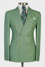 Fashion Green Plaid Shawl Lapel Double Breasted Suits For Men
