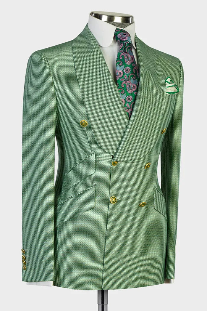 Fashion Green Plaid Shawl Lapel Double Breasted Suits For Men