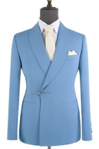 Popular Sky Blue Shawl Lapel Men's Suit With Bolt Buckle