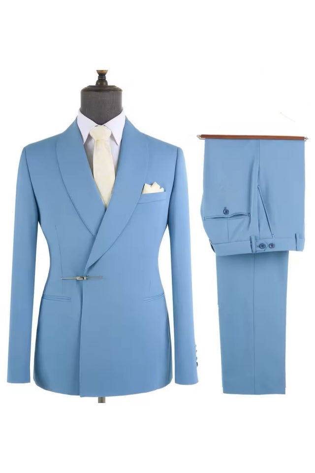 Popular Sky Blue Shawl Lapel Men's Suit With Bolt Buckle Secondary image