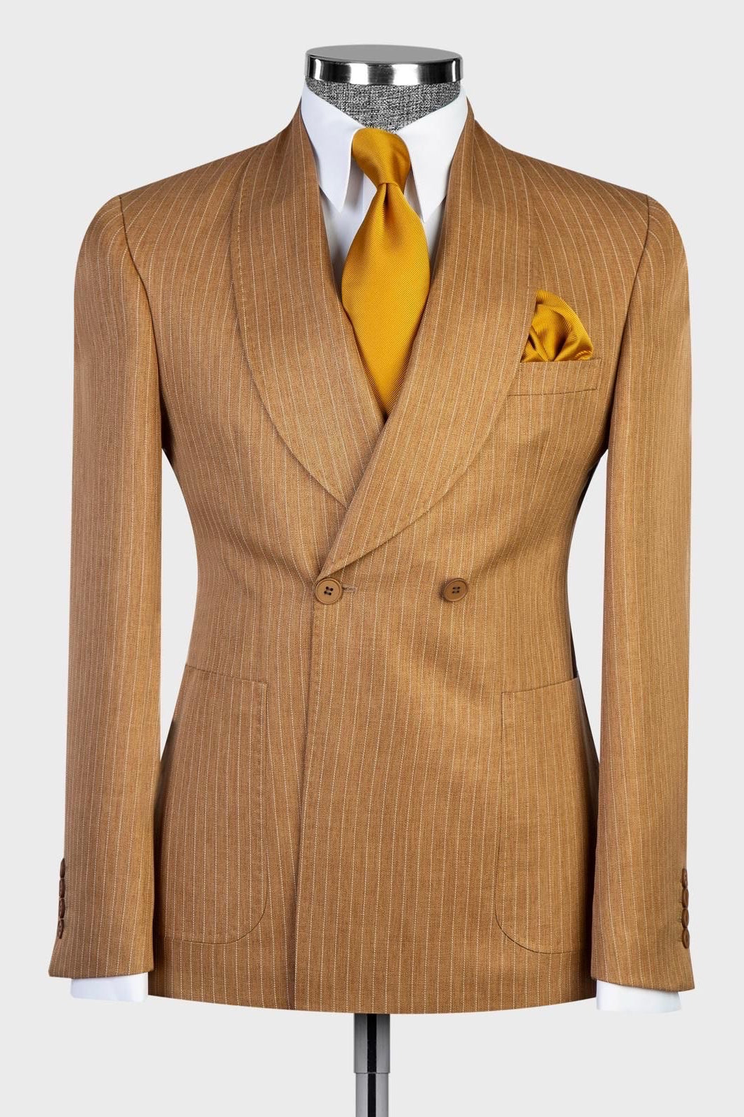 Camel Brown Pinstriped Double Breasted Shawl Lapel Men Suits