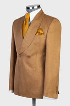 Camel Brown Pinstriped Double Breasted Shawl Lapel Men Suits