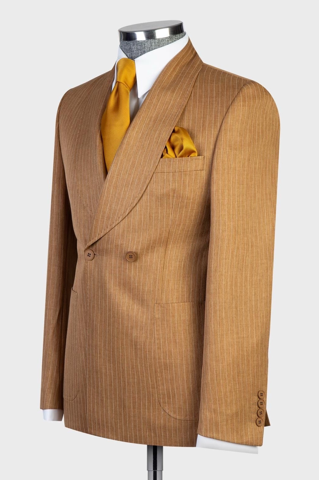 Camel Brown Pinstriped Double Breasted Shawl Lapel Men Suits