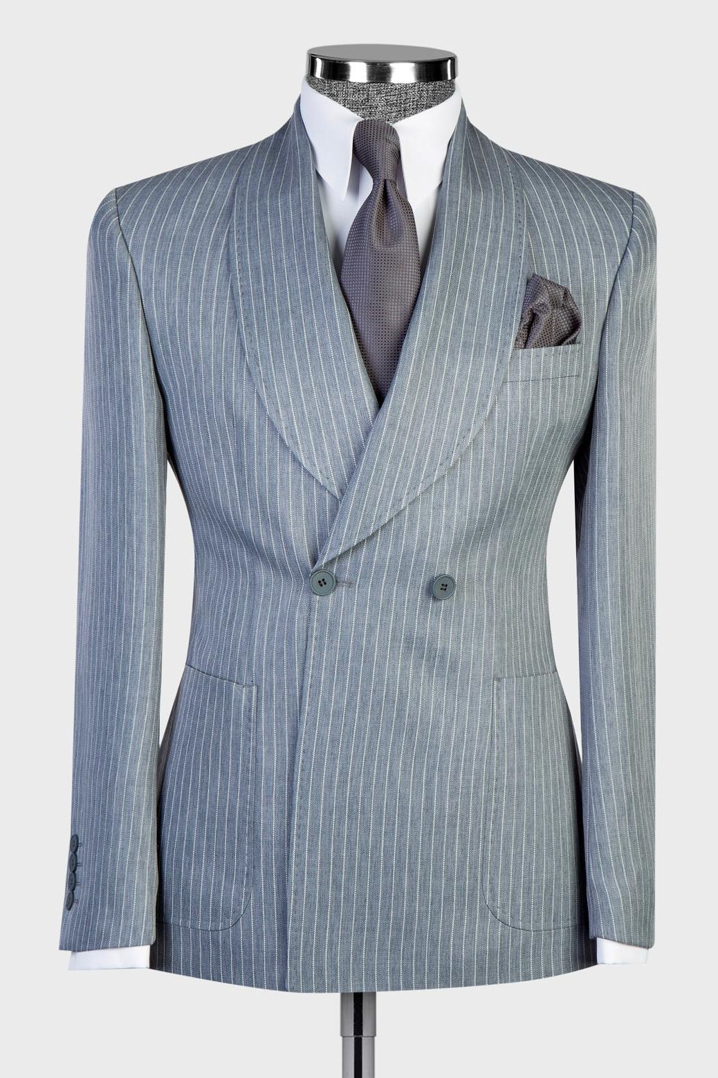Dusty Blue Pinstriped Double Breasted Shawl Lapel Men Suits Main image