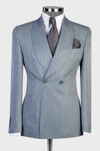 Dusty Blue Pinstriped Double Breasted Shawl Lapel Men Suits