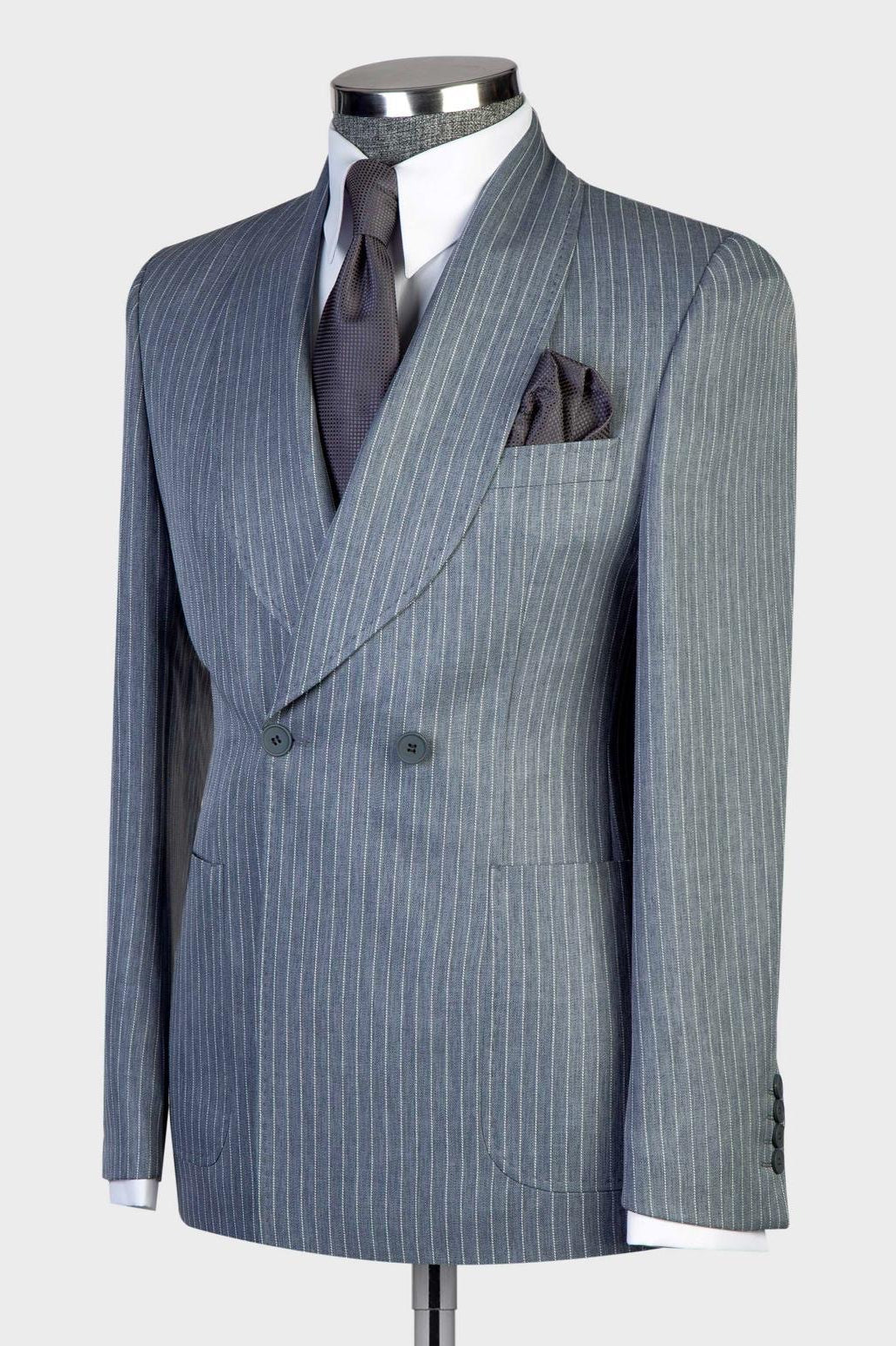 Dusty Blue Pinstriped Double Breasted Shawl Lapel Men Suits Secondary image