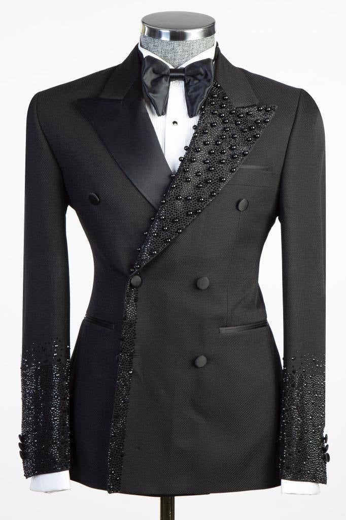 Classy Black Peaked Lapel Double Breasted Beadings Men Suits Main image