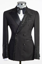Classy Black Peaked Lapel Double Breasted Beadings Men Suits