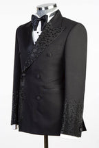 Classy Black Peaked Lapel Double Breasted Beadings Men Suits