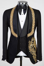 Black Shawl Lapel Three Pieces Men Suits With Shiny Gold Appliques