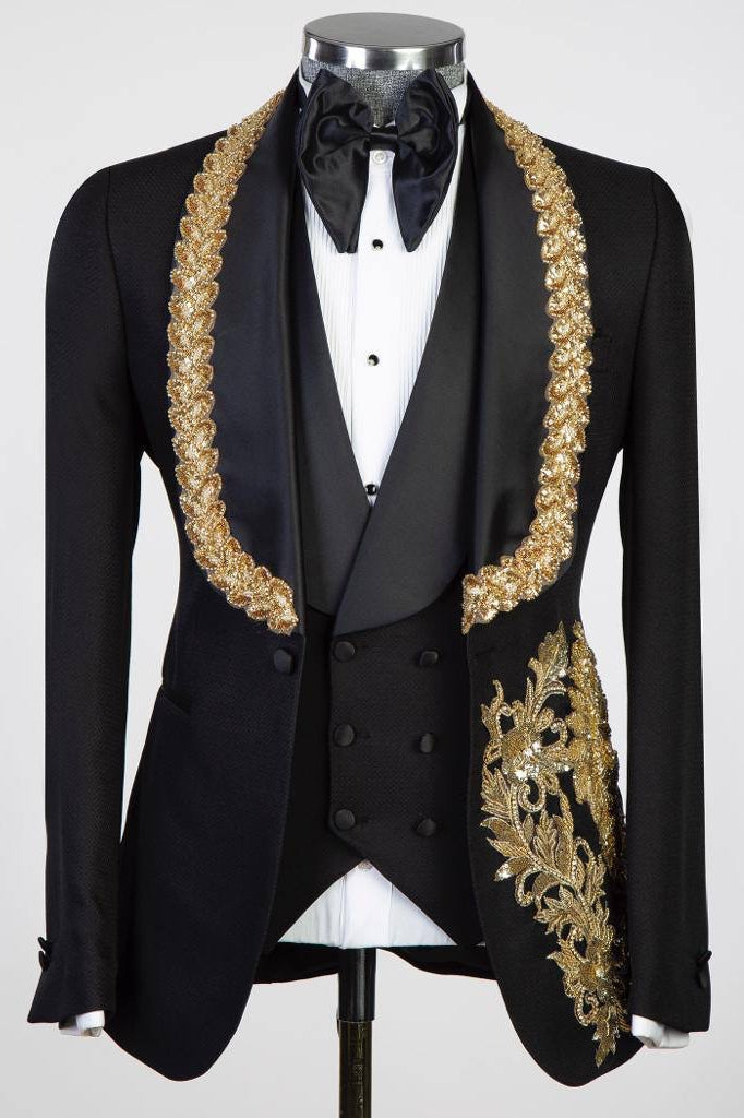Black Shawl Lapel Three Pieces Men Suits With Shiny Gold Appliques