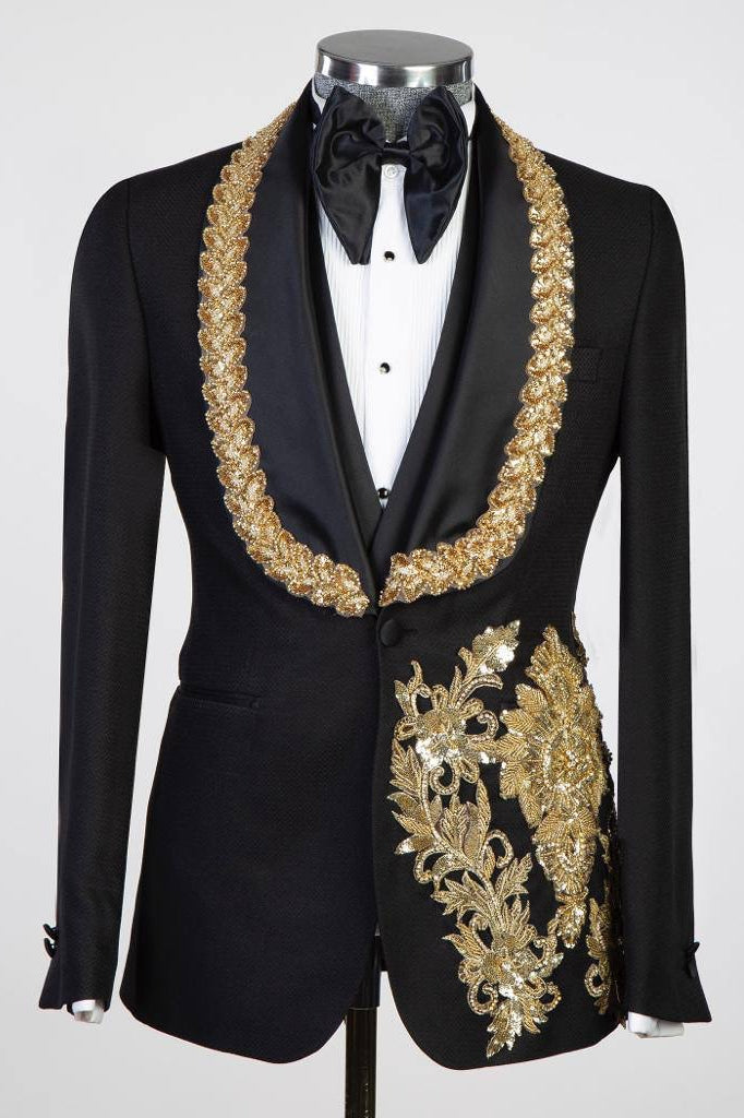 Black Shawl Lapel Three Pieces Men Suits With Shiny Gold Appliques