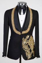 Black Shawl Lapel Three Pieces Men Suits With Shiny Gold Appliques