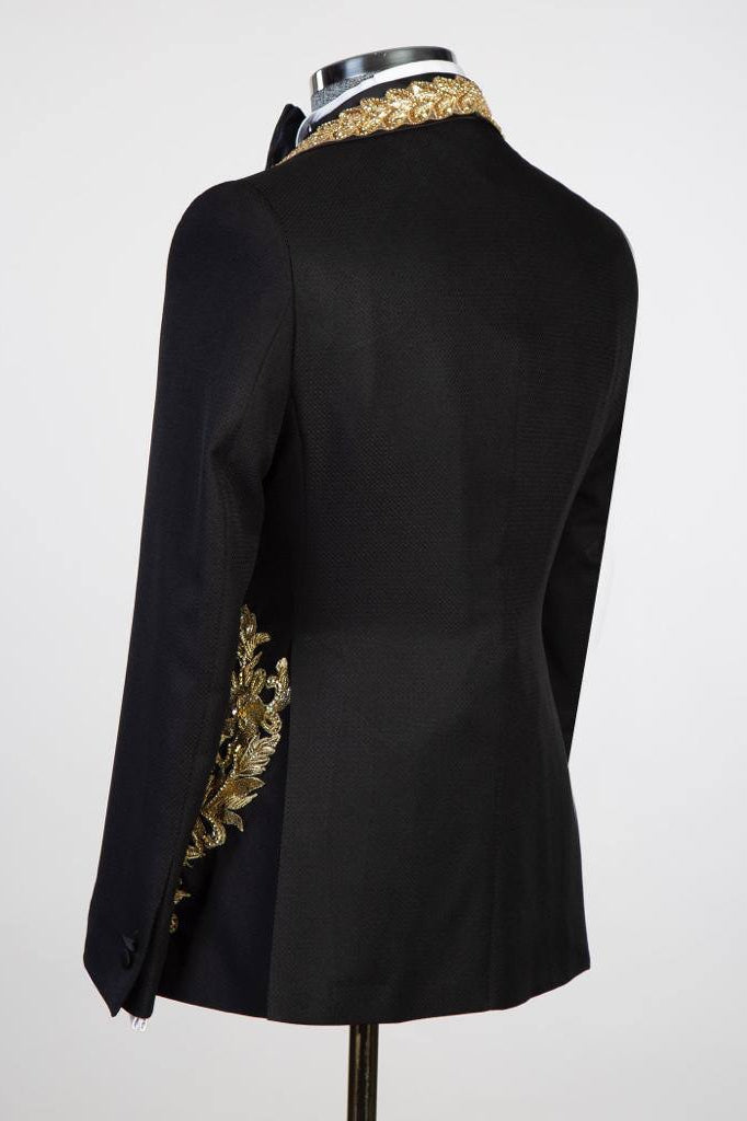 Black Shawl Lapel Three Pieces Men Suits With Shiny Gold Appliques