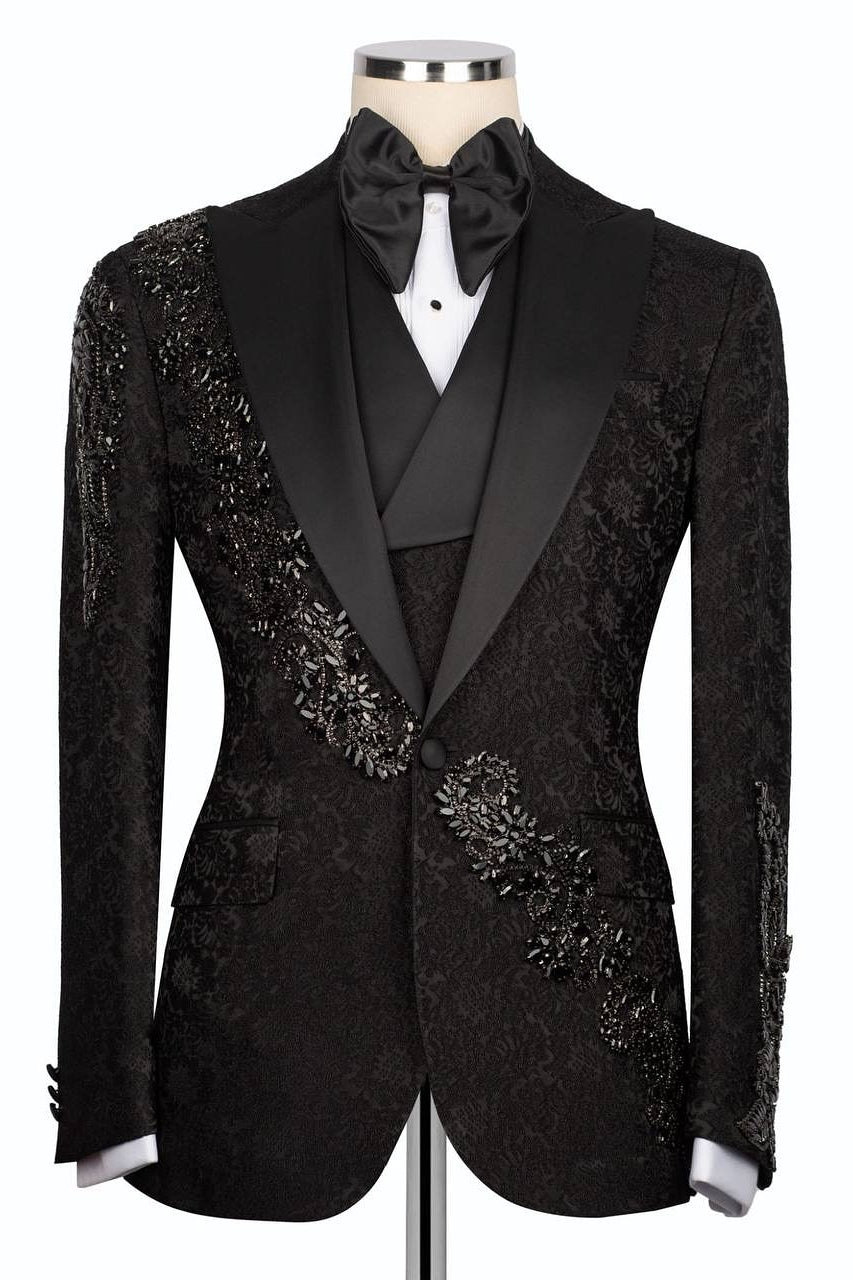 Black Jacquard Crystals 3 Piece Peaked Lapel Men Suits Main image