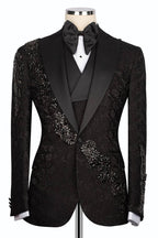 Black Jacquard Crystals 3 Piece Peaked Lapel Men Suits