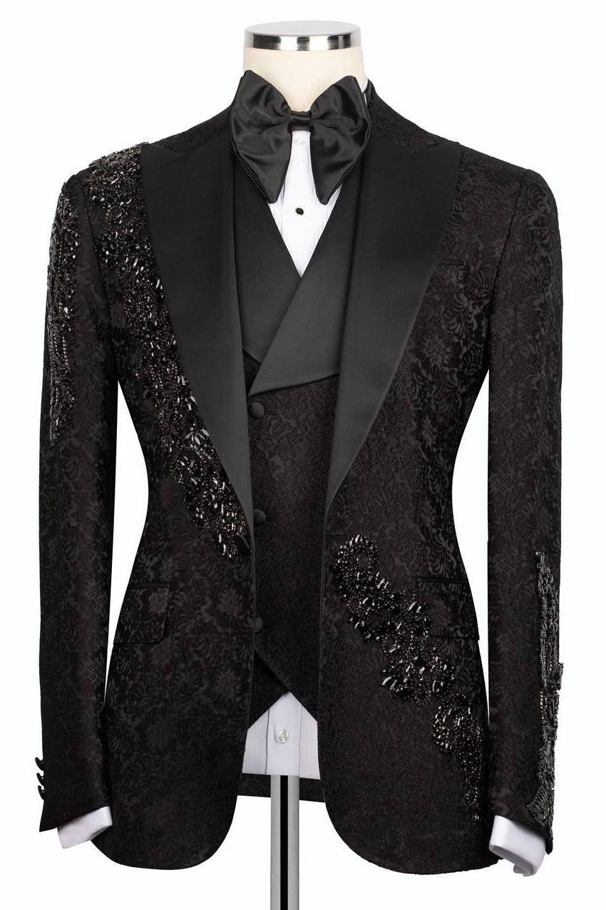 Black Jacquard Crystals 3 Piece Peaked Lapel Men Suits Secondary image