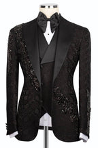 Black Jacquard Crystals 3 Piece Peaked Lapel Men Suits