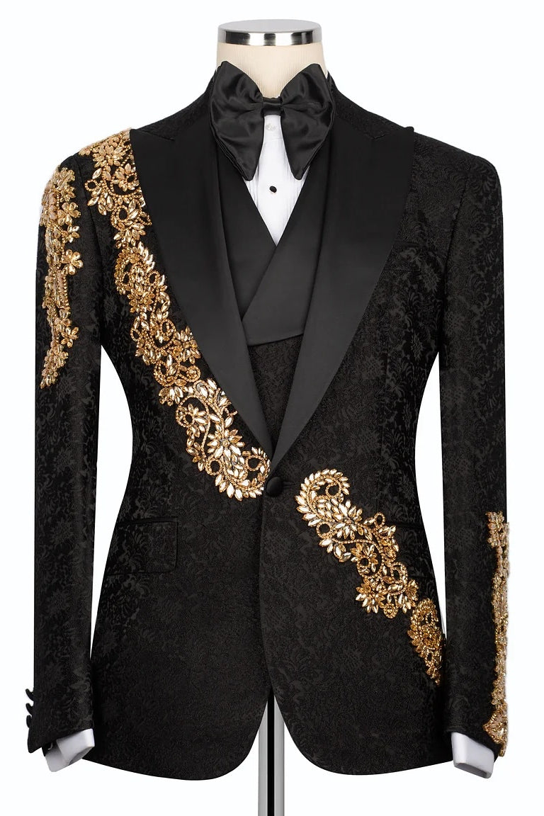 Chic Black Jacquard Gold Crystals 3 Piece Peaked Lapel Men Suits