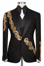 Chic Black Jacquard Gold Crystals 3 Piece Peaked Lapel Men Suits