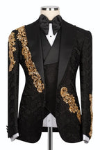 Chic Black Jacquard Gold Crystals 3 Piece Peaked Lapel Men Suits