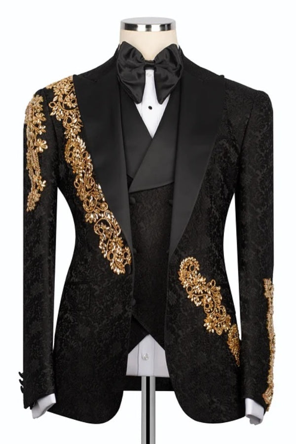 Chic Black Jacquard Gold Crystals 3 Piece Peaked Lapel Men Suits