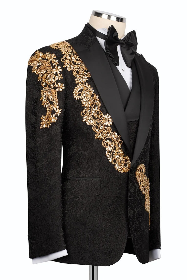 Chic Black Jacquard Gold Crystals 3 Piece Peaked Lapel Men Suits