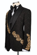 Chic Black Jacquard Gold Crystals 3 Piece Peaked Lapel Men Suits