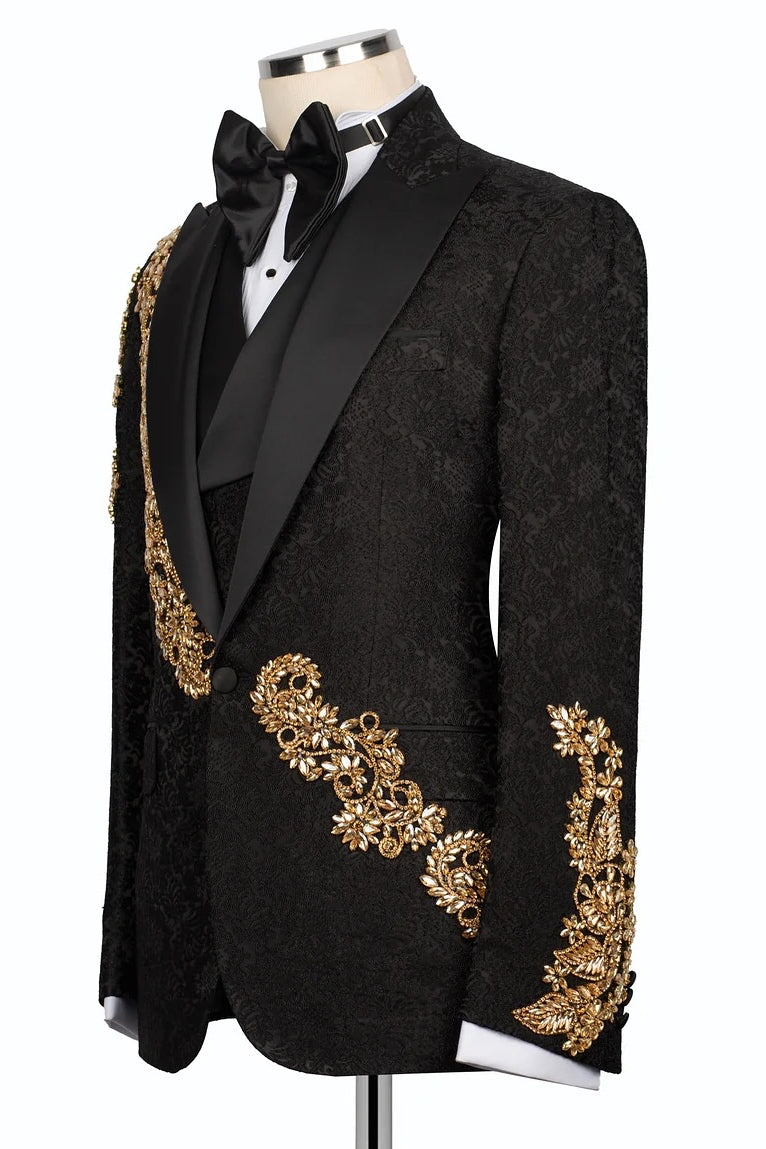 Chic Black Jacquard Gold Crystals 3 Piece Peaked Lapel Men Suits